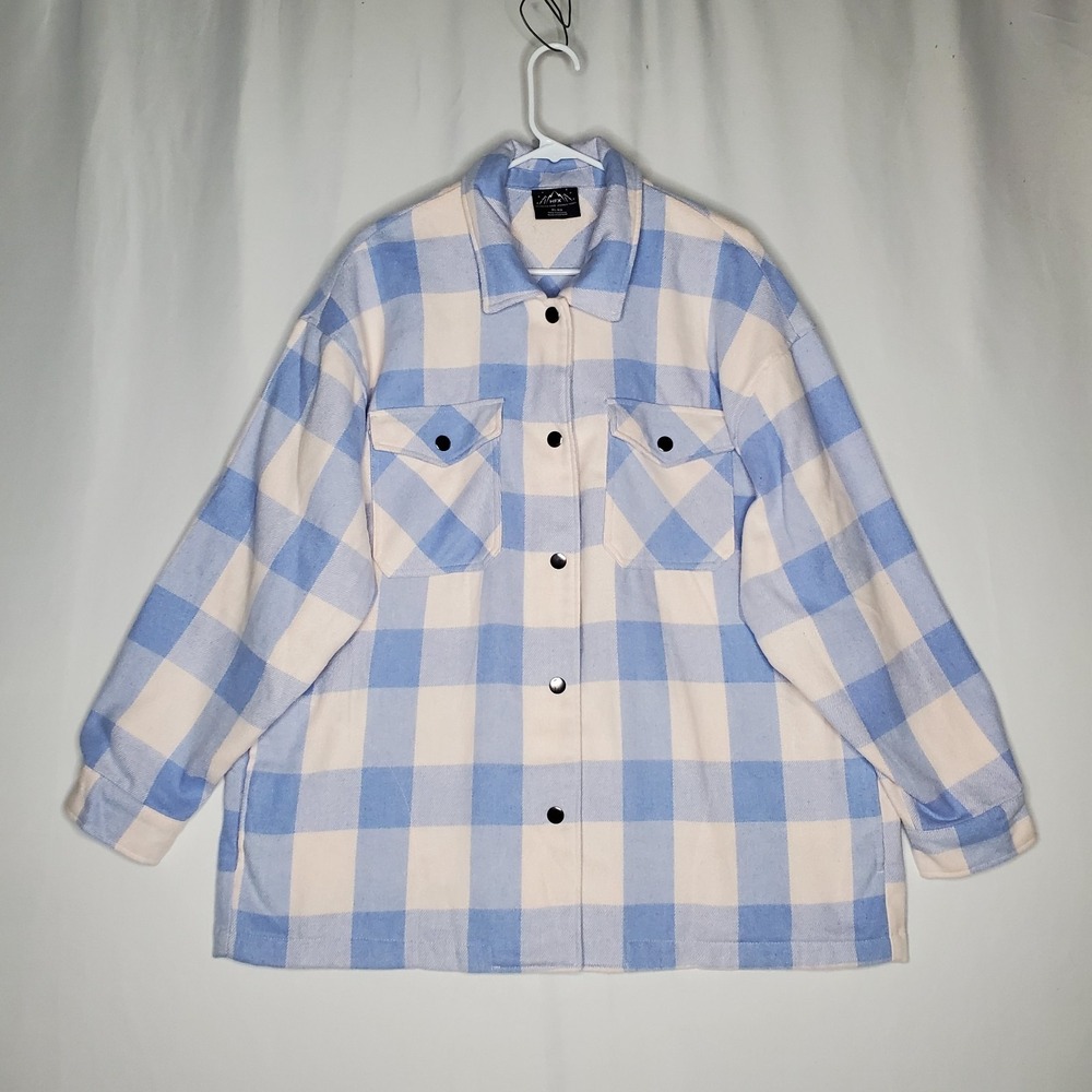 HFX Flannel Shirt Jacket Women XL Light Blue Block Plaid‎ Snap Pastel Shacket